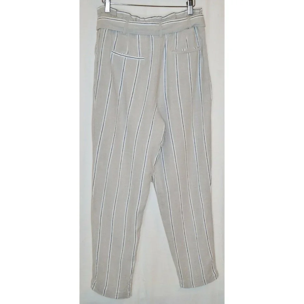 H&M Striped Linen Blend Paperbag Pants Striped Grayish Beige Size 6